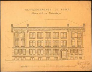 Gewerbeschule, Brieg: Aufriss Lindenstraße, Maßstabsleiste 1:72 nat. Gr.