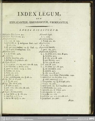 Index Legum, Quae Explicantur, Emendantur, Exornantur.