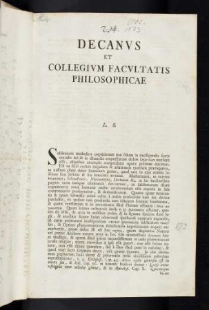 Decanvs Et Collegivm Facvltatis Philosophicae. L. S.