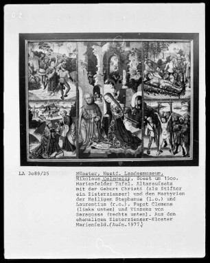 Anbetung des Kindes und vier Szenen aus der Legende von Heiligen