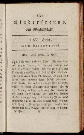 LXV. Stück, den 30. September 1776