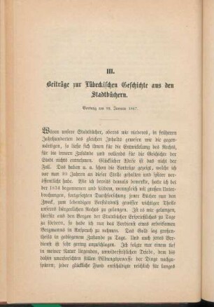 III. Beiträge zur Lübeckischen Geschichte aus den Stadtbüchern. Vortrag am 22. Januar 1867.