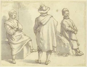Zwei Matrosen und ein Herr in Hut und Mantel