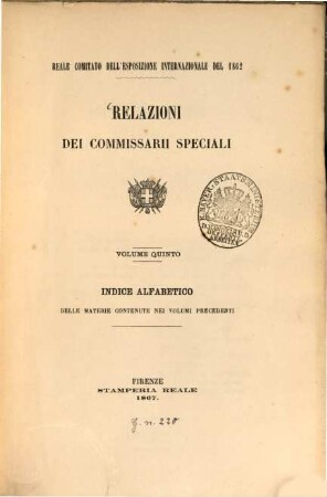 Relazioni dei commissarii speciali : Reale Comitato dell'Esposizione internazionale del 1862. 5