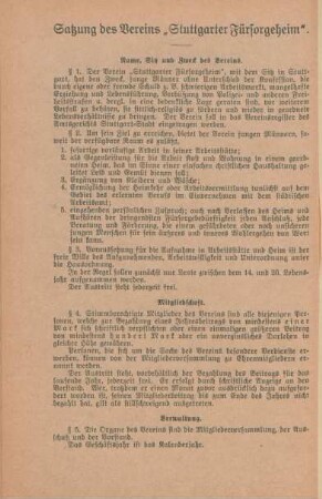 Satzung des Vereins "Stuttgarter Fürsorgeheim"
