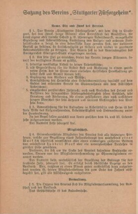 Satzung des Vereins "Stuttgarter Fürsorgeheim"