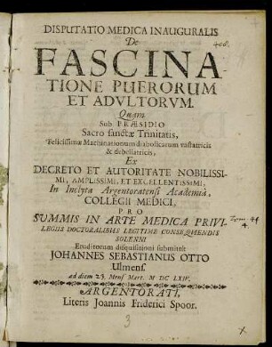 Disputatio Medica Inauguralis De Fascinatione Puerorum Et Adultorum