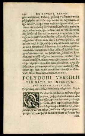 Polydori Vergilii Urbinatis De Inventoribus Rerum Liber IIII.