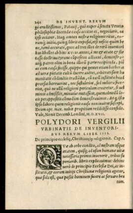 Polydori Vergilii Urbinatis De Inventoribus Rerum Liber IIII.