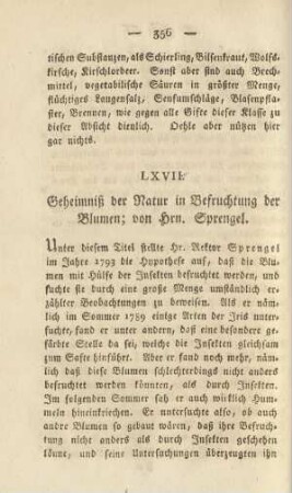 LXVII. Geheimniß der Natur in Befruchtung der Blumen; von Hrn. Sprengel