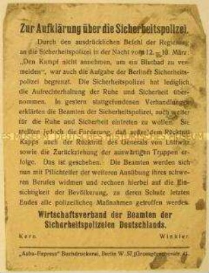 Information über die Rolle der Sicherheitspolizei während des Kapp-Putsches - Übernahme der Aufrechterhaltung der Ruhe und Sicherheit durch die Sicherheitspolizei zum Schutz der Bevölkerung