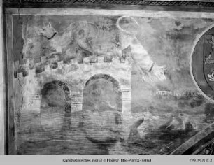 Biblische und hagiographische Szenen, Fabeln, Jagd-, Kampf- und Monatsdarstellungen (v. d. Rest. 1978/79) : Fabel vom Hund auf der Brücke von Aesop
