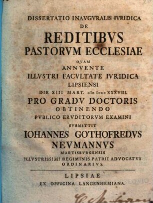Dissertatio Inavgvralis Ivridica De Reditibvs Pastorvm Ecclesiae