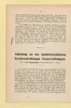 Einleitung zu den landwirtschaftlichen Kreisbeschreibungen Elsass-Lothringens