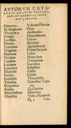 Autorum Catalogus Quorum Testimoniis Et Exemplis Usus Est Linacer.