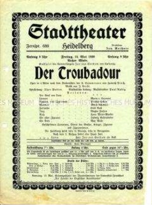 Theaterprogramm des Stadttheaters Heidelberg zur Oper "Der Troubadour"