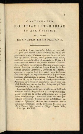 I-VI, Continuatio Notitia Literaria de Platone.