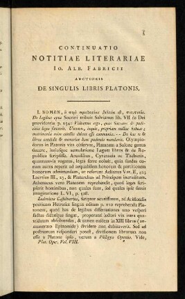 I-VI, Continuatio Notitia Literaria de Platone.