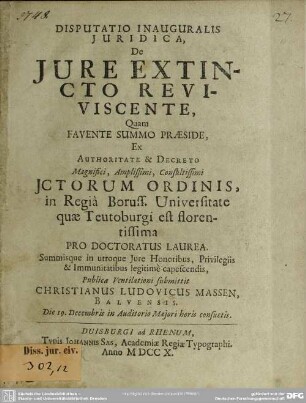 Disputatio Inauguralis Iuridica, De Iure Extincto Reviviscente