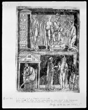 Liber matutinalis des Konrad von Scheyern — Zwei Szenen aus der Legende des Mönchs Theophilus, Folio 18recto