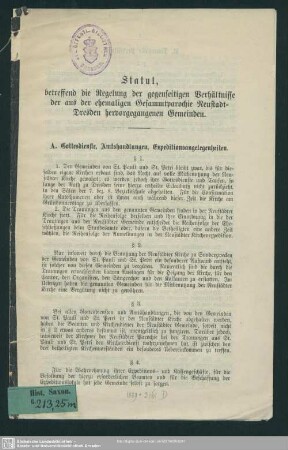 Statut, betreffend die Regelung der gegenseitigen Verhältnisse der aus der ehemaligen Gesamtparochie Neustadt-Dresden hervorgegangenen Gemeinden