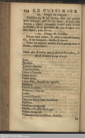 Table des Entrées qui se font en Caresme, et où il n'entre point d'œufs