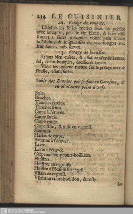 Table des Entrées qui se font en Caresme, et où il n'entre point d'œufs