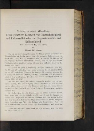 Nachtrag zu meiner Abhandlung: Ueber gesättigte Lösungen von Magnesiumchlorid und Kaliumsulfat oder von Magnesiumsulfat und Kaliumchlorid.