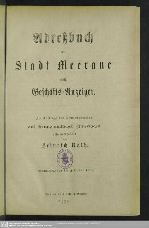 1888: Adreßbuch der Stadt Meerane nebst Geschäfts-Anzeiger