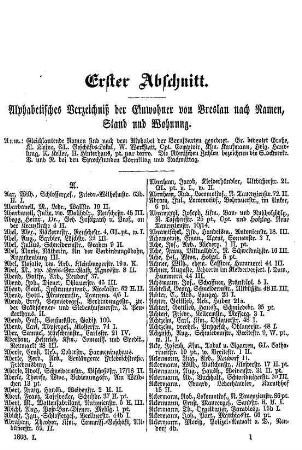 Erster Abschnitt. Alphabetisches Verzeichnis der Einwohner von Breslau nach Namen, Stand und Wohnung