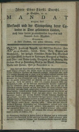 Ihrer Churf. Durchl. Zu Sachsen. Mandat wegen des Verkaufs und der Stempelung derer Calender in Dero gesammten Lande