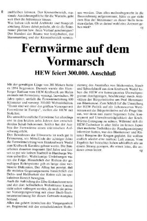 Fernwärme auf dem Vormarsch : HEW feiert 300.000. Anschluß