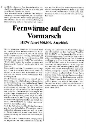 Fernwärme auf dem Vormarsch : HEW feiert 300.000. Anschluß
