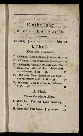 Eintheilung dieses Entwurfs.