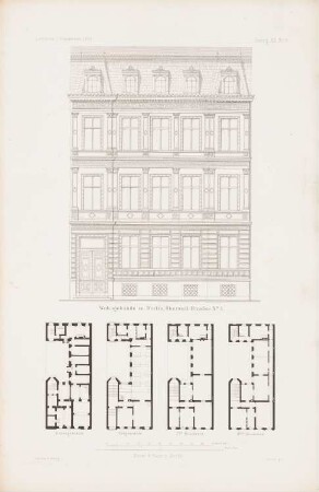 Wohngebäude Oberwallstraße, Berlin: Grundriss Keller, EG, 1.OG, 2.OG (aus: Atlas zur Zeitschrift für Bauwesen, hrsg. v. G. Erbkam, Jg. 12, 1862)