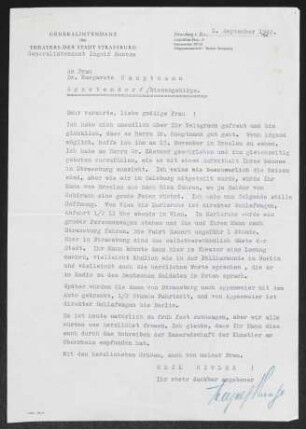 Brief von Ingolf Kuntze von Stadttheater  an Margarete Hauptmann
