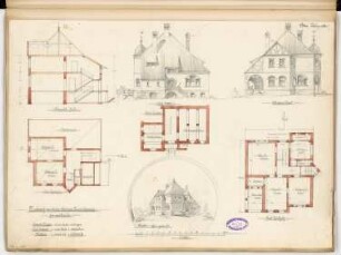 Landhaus Monatskonkurrenz März 1896: Grundriss Keller, Erdgeschoss, Dachgeschoss, Aufriss Vorderansicht, Seitenansicht, Querschnitt 1:100; Perspektivische Ansicht; Maßstabsleiste