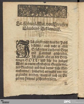 Sr. Königl. Maj. von Preussen Glaubens-Bekänntniß