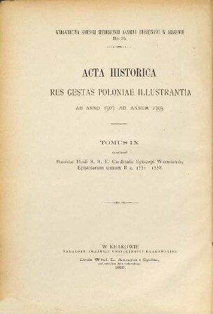 Epistolae tum otiam eius orationes legationes : Editionem curaverunt Franc. Hipler et Vincentius Zakrzewski, II,1