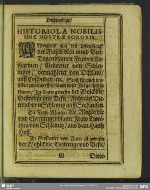 Lebenslauf : Historiola Nobilissimae Nostrae Sororis