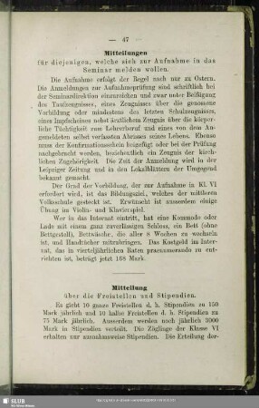 Mitteilung über die Freistellen und Stipendien