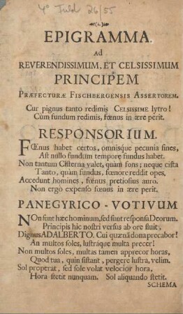 Epigramma ad reverendissimum, et celsissimum principem.