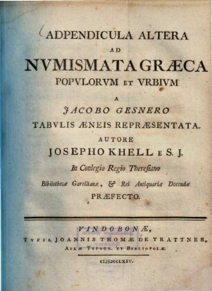 Adpendicula ad numismata Graeca populorum et urbium a Iacobo Gesnero tabulis aeneis repraesentata
