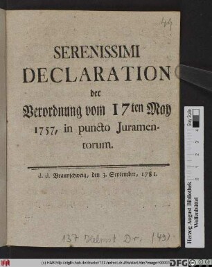 Serenissimi Declaration der Verordnung vom 17ten May 1757, in puncto Juramentorum