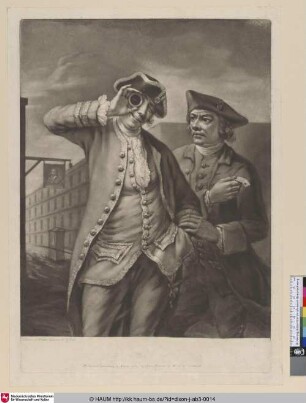 [Straßenszene mit einem Gerichtsvollzieher, der rechts den Arm eines jungen Gecken greift, der durch ein Fernglas sieht; Street scene with a bailiff on the right seizing the arm of a young fop, who is looking through an eye glass]