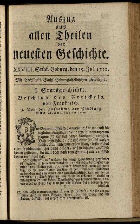 XXVIIII. Stück. Coburg, den 15. Jul. 1750.