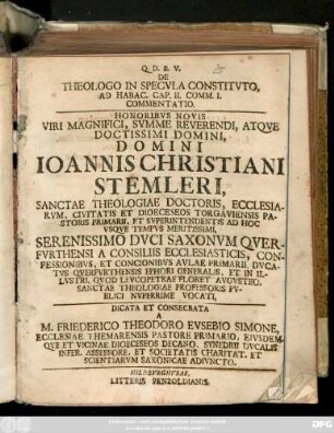 De Theologo In Specvla Constitvto, Ad Habac. Cap. II. Comm. I. Commentatio