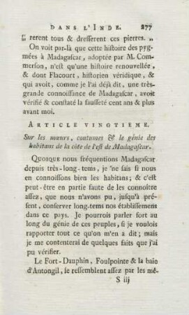 Article vingtieme. Sur les moeurs, coutumes & le génie des habitans ...