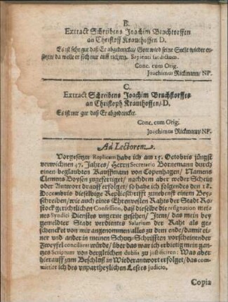 B. Extract Schreibens Joachim Bruchtorffen an Christoff Krauthoffen D.