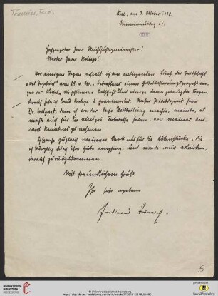Brief von Ferdinand Tönnies an Gustav Radbruch